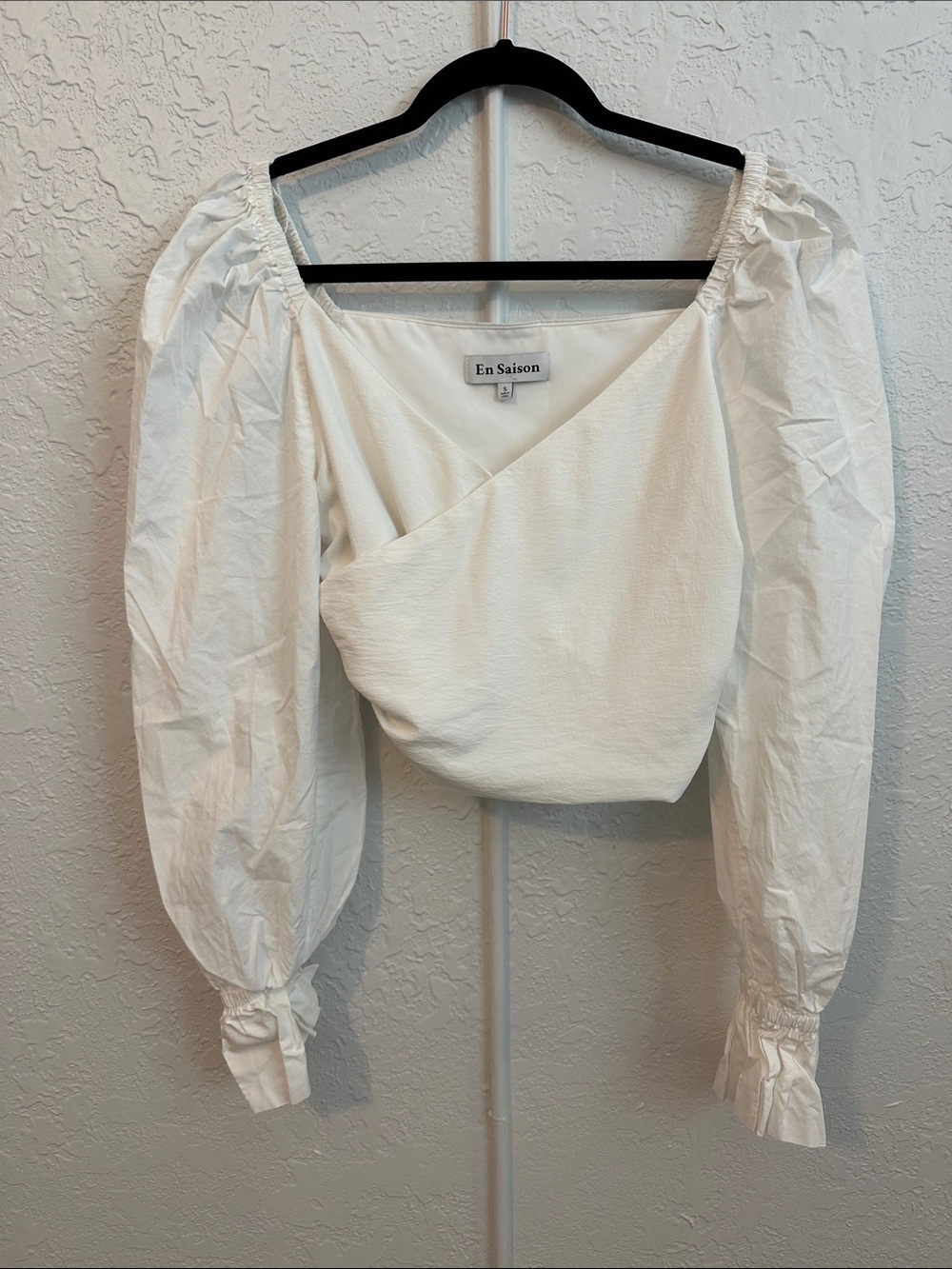 En Saison White Puff-Sleeve Wrap Cropped Blouse Size S